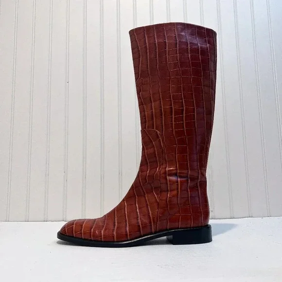 RARE Brock Collection Croc-Effect Cognac Leather Western Designer Riding Boots - Picture 2 of 12